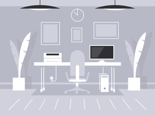 Modern office interior with work desk and computer. Office plants in pot. Vector illustration