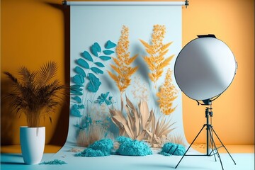  a photo studio setup with a backdrop and a tripod light and a vase with blue flowers on it, and a backdrop with yellow leaves.  generative ai