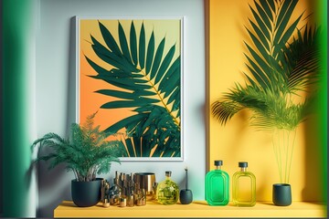  a picture of a palm tree in a room with a yellow wall and a green potted plant on a yellow shelf next to it.  generative ai