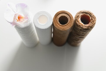 used water filters, glasses with dirty water