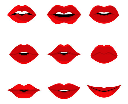 Set of different lips. Plump matte red woman's lips