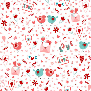 Fototapeta Endless pattern for Valentine's Day with birds and envelopes