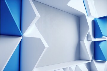  a white and blue wall with a pattern on the wall and a blue and white shelf on the side of the wall and a white wall behind it.  generative ai