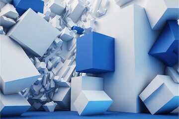  a bunch of blue and white cubes in a room with a blue floor and a white wall with a blue floor and a blue floor.  generative ai