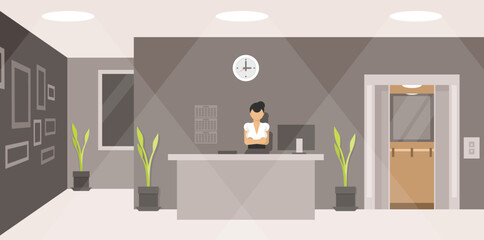 Woman working at the reception desk. Modern interior in business office. Vector graphics
