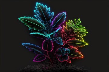  a colorful plant with leaves on a black background with a black background and a black background with a black background and a black background with a black border.  generative ai