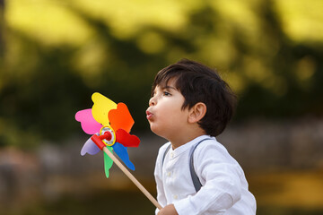 Happy boy playing in the park with balloon, toy truck and weather vane