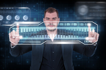 Business man in futuristic office. Global corporate concept. Success