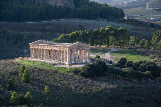 Aerial view of the temple of Segesta, seen from the acropolis located on the hill above.