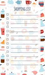 Vector shopping list template with coffee icons background. Memo pages, to do, daily planner