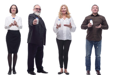 group of people taking a pill isolated