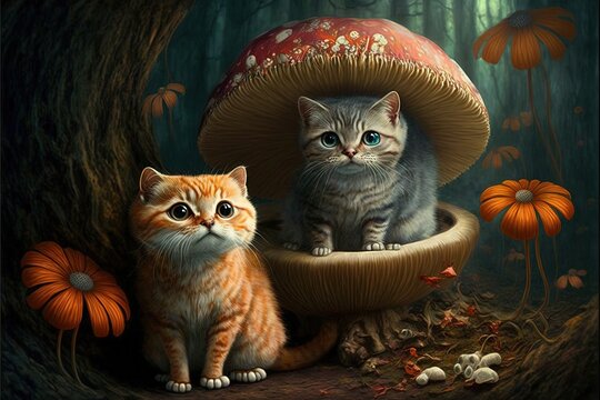  a painting of two kittens sitting in a mushroom with a cat in front of it and a mushroom with a cat in the background.  generative ai