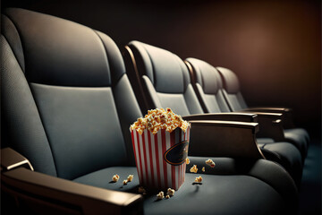 a row of seats with a popcorn bucket on the seat and a movie ticket in the middle of the row of seats with the seats facing away from the camera.  generative ai