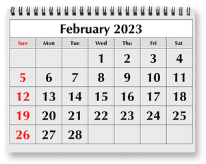 Page of the annual monthly calendar - February 2023
