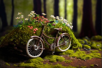 Fototapeta na wymiar a bike is sitting on a moss covered rock in the woods with flowers and butterflies on it's back tire, and a forest background. generative ai