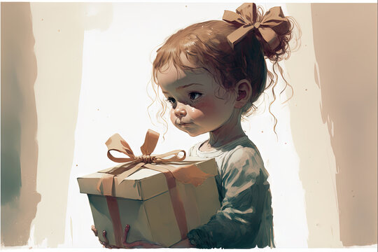 a painting of a little girl holding a gift box with a bow on her head and looking at the camera with a serious look on her face.  generative ai