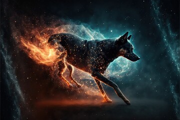  a digital painting of a dog running through space with a bright blue and yellow background and stars in the sky behind it, with a black background of blue and orange.  generative ai