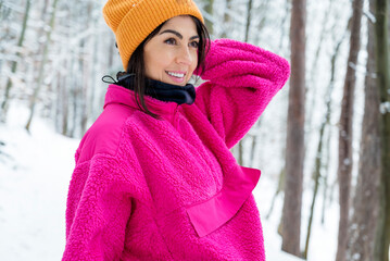 Young Woman on a Walk in Snowy Winter Forest  .Vitosha Mountain ,Bulgaria 