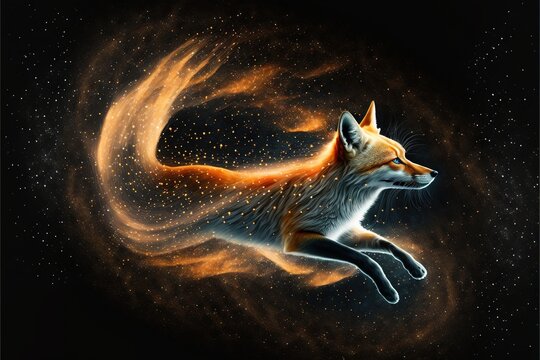  a picture of a fox flying through the air with a crescent in the back ground and stars in the sky behind it, with a black background.  generative ai