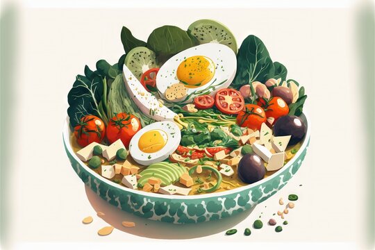  a painting of a bowl of food with eggs on top of it and vegetables in the middle of the bowl and on top of the bowl.  generative ai