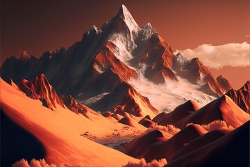  a computer generated image of a mountain range with a red sky in the background and clouds in the foreground, and a red sky in the foreground.  generative ai