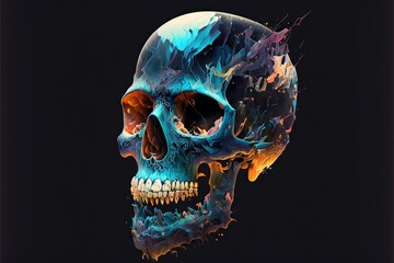  a colorful skull with a black background and a blue flame in the middle of the skull's skull, with a black back ground.  generative ai