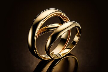  two gold wedding rings sitting on top of each other on a black surface with a reflection of the ring on the ground in front of them.  generative ai
