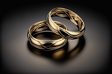  two gold wedding rings sitting on top of a black surface with a reflection on the ground behind them, in a dark room with a black background.  generative ai