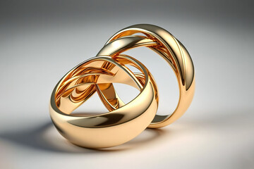  two gold wedding rings on a white background with a gold frame around them and a light reflection on the floor behind them that shows a reflection.  generative ai