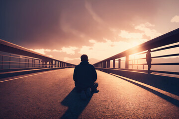 man praying on knees or sitting on a bridge floor and looking at the sun setting over the horizon and clouds in the sky above at sunset, second person staing on the right side and looking thinking awa - obrazy, fototapety, plakaty