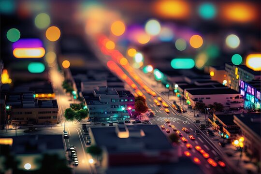  a blurry photo of a city street at night with traffic lights on the street and buildings in the background and a blurry image of the city.  generative ai