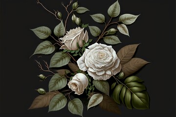  a painting of white roses and green leaves on a black background with a black background and a white rose with green leaves on a black background.  generative ai