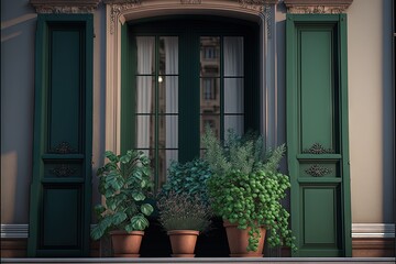  a couple of potted plants sitting in front of a green door with green shutters on the outside of the building and green shutters on the outside of the building.  generative ai