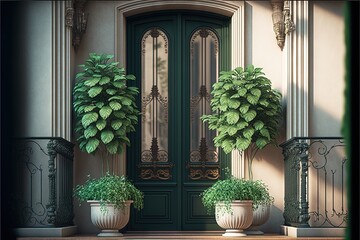  two potted plants sitting on a porch next to a green door and a black iron railing with a green door and a green door.  generative ai