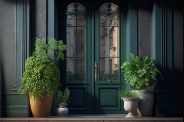  a couple of potted plants sitting next to each other on a wooden floor next to a green door and a green door with glass.  generative ai