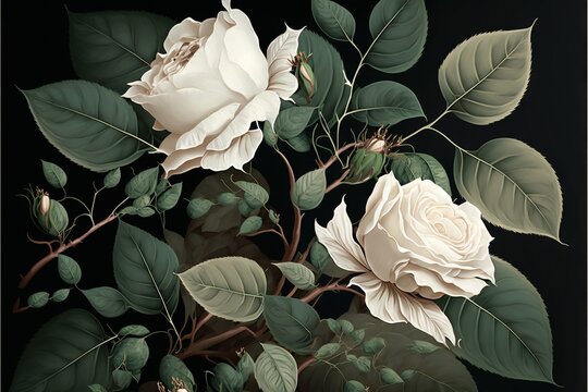  a painting of white flowers and green leaves on a black background with a black background behind it is a picture of a white rose and green leaves.  generative ai