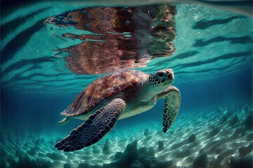 Obraz premium a turtle swimming in the ocean with its head above the water's surface and a person swimming in the water behind the turtle's back. generative ai