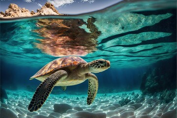  a turtle swimming in the ocean with rocks and sand in the background and a mountain in the distance with a blue sky and clouds above.  generative ai