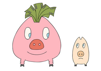 Two piggy banks, one large, full and filled with money and the other small, thin and without money. Poverty and wealth. Thrift and wastefulness, lack of thrift.