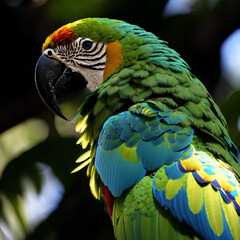 Fototapeta premium Focused shot of a beauftiful Green Macaws generated by A.I.