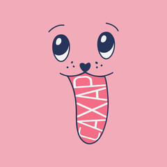 A muzzle that sticks out its tongue on a one-color pink background. The language is written in Russian Sugar. Lovely eyes, long tongue. The character shows the tongue. Retro style. Vector illustration