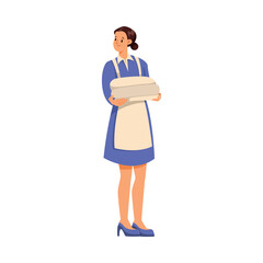 Woman Hotel Maid Standing with Clean Folded Bedsheet Vector Illustration