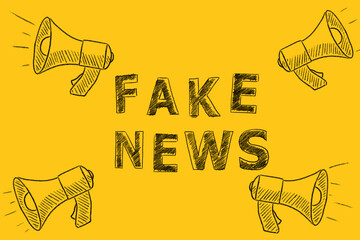 Megaphones with the text FAKE NEWS drawn on yellow. Hand drawn illustration. Information and disinformation concept.