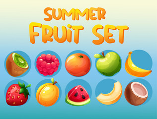 Fruity summer set. Coconut, banana, kiwi, raspberry, orange, apple, strawberry, apricot, melon, watermelon