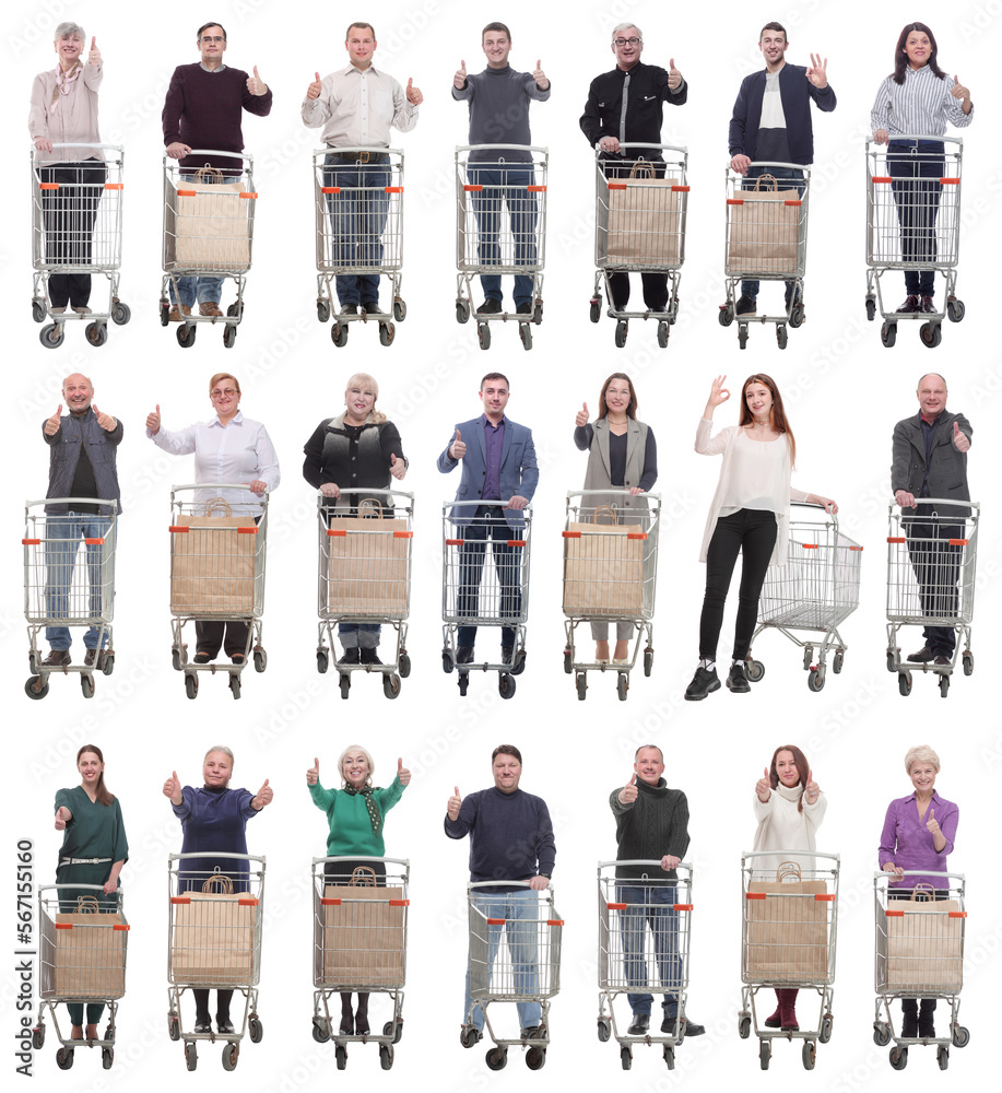 Wall mural group of people with shopping cart showing thumbs up