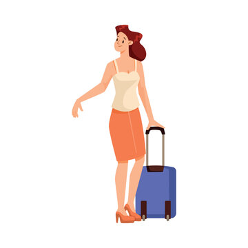 Happy Woman with Suitcase or Luggage Engaged in Travel and Journey Vector Illustration