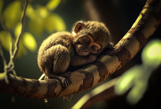 Baby monkey.Baby monkey sleeping on tree branch.Close up.Created with generative ai