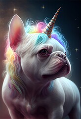 Portrait of cute French bulldog with a unicorn horn and rainbows mane