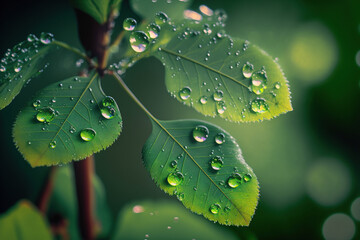 Green leaves with water drops in the morning. Beautiful nature background. Generative AI.