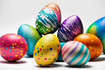 Fototapeta na wymiar Pâques, Easter Eggs, tas d' oeufs en chocolat colorés peints à la main, sur fond blanc (AI)